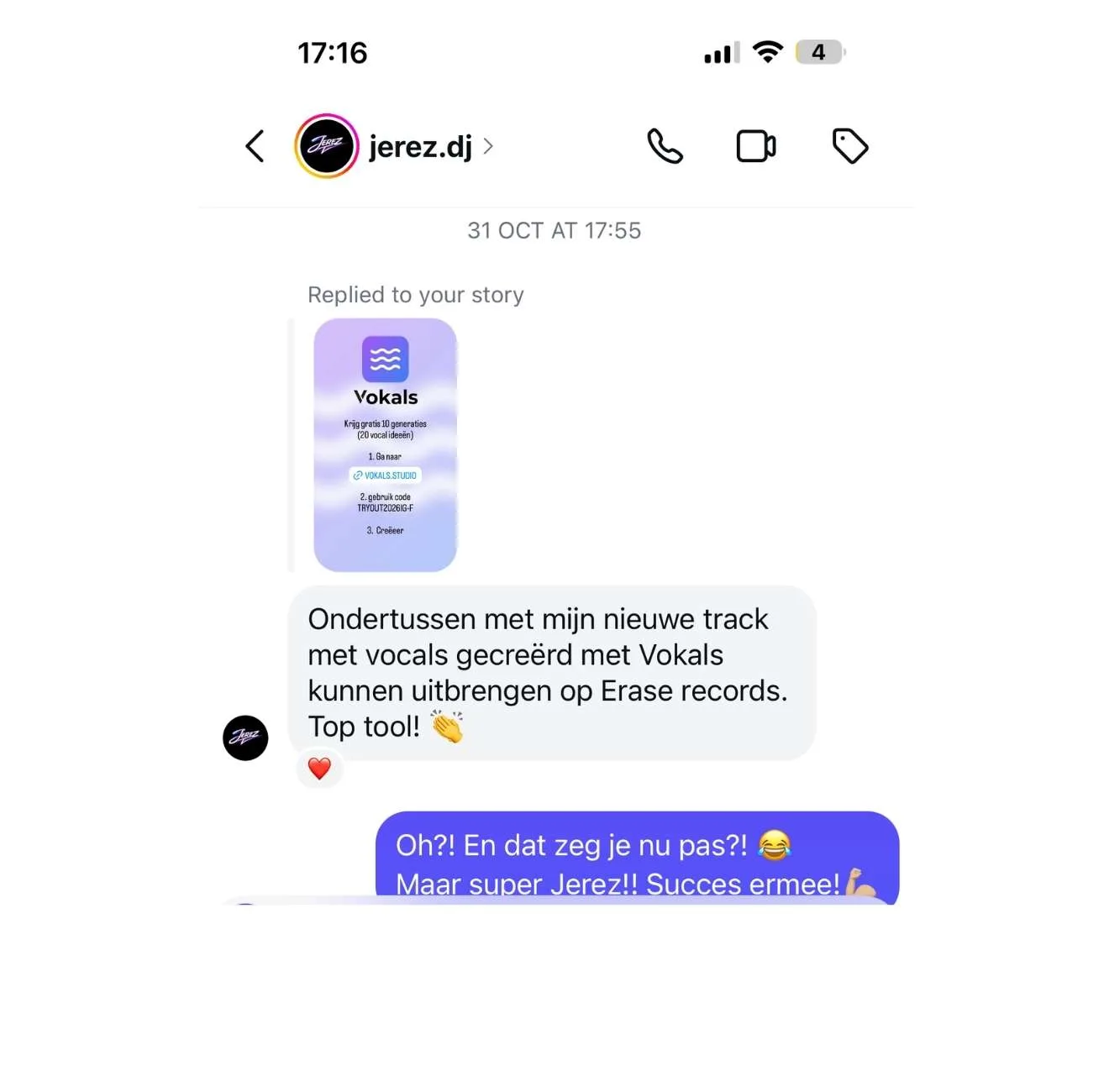Instagram DM from Jerez about releasing a Vokals track on Erase Records