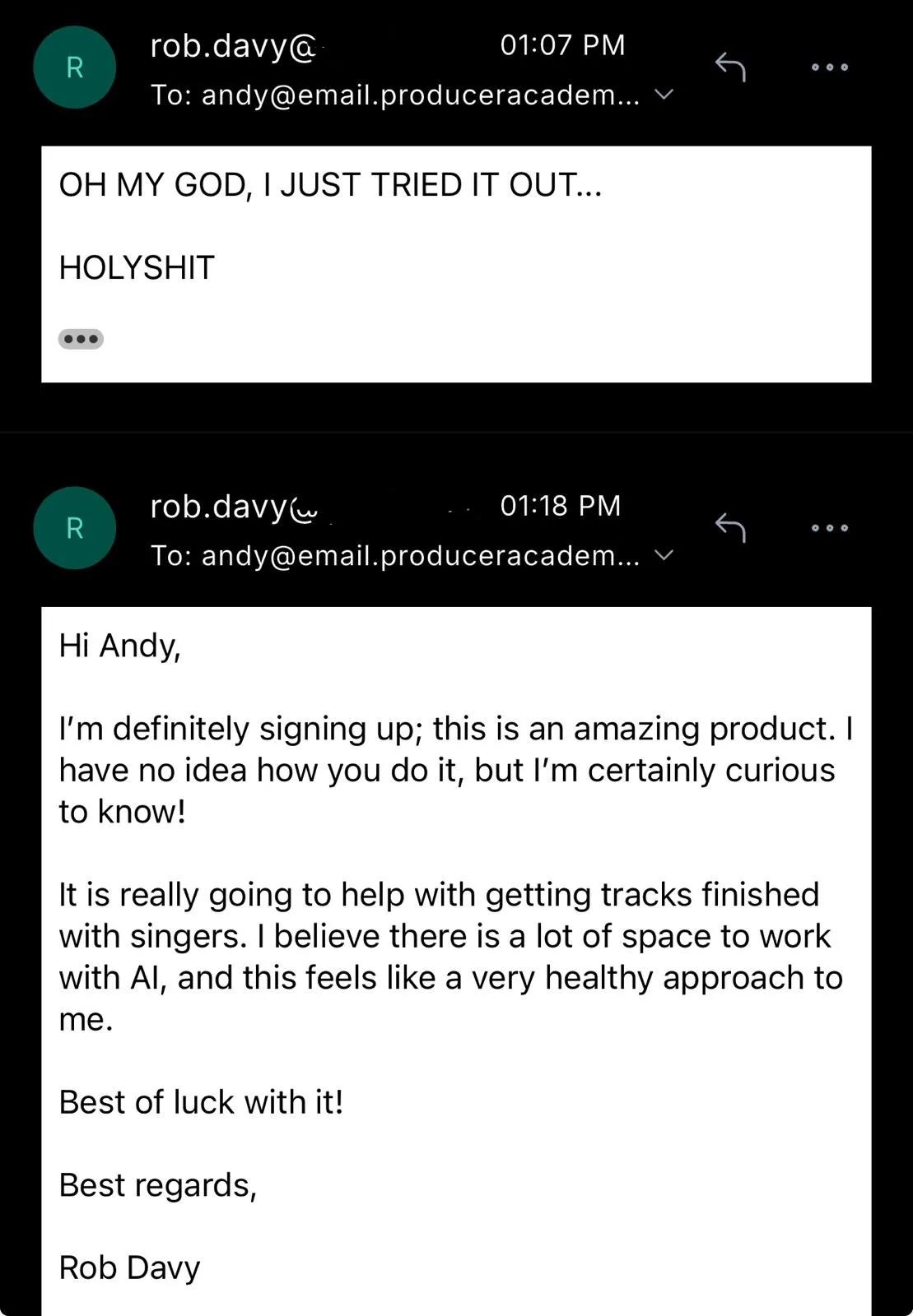 Email from Rob Davy praising Vokals for finishing tracks with singers